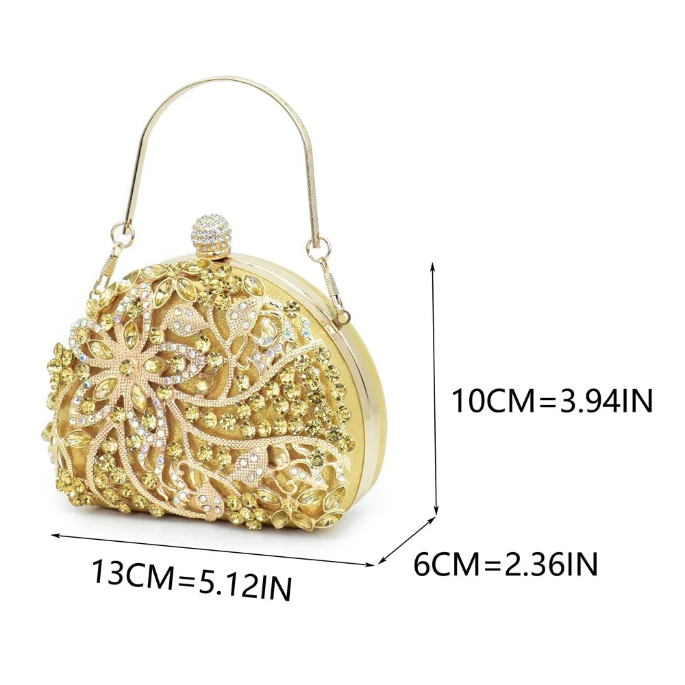 New Arrival Elegant Noble Royal Gold Color Party Wedding Pointed Toe High Heel Women Shoes and Bag Set Decorated with Rhinestone