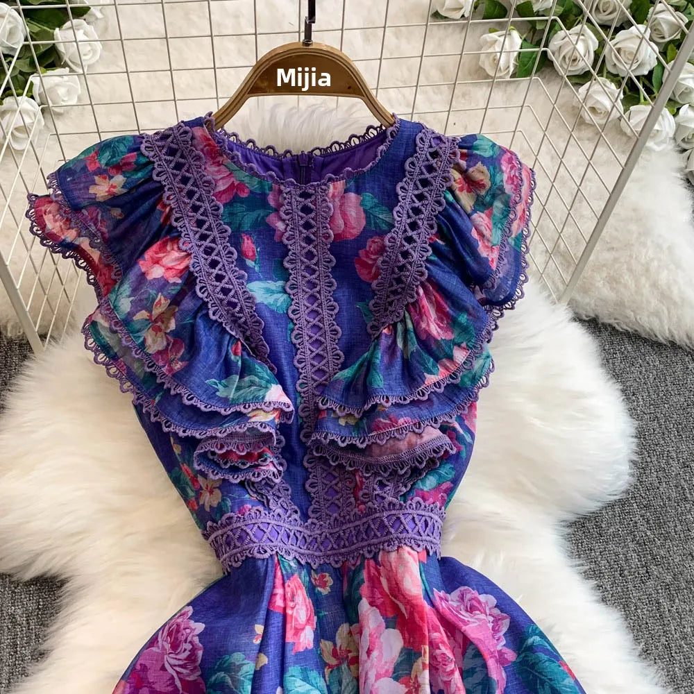 Ele Lace Splice Waist Cinching Long Dr Korean Sle Print Blouse Svel Midi Skirt High Waist A-Line Silhouette