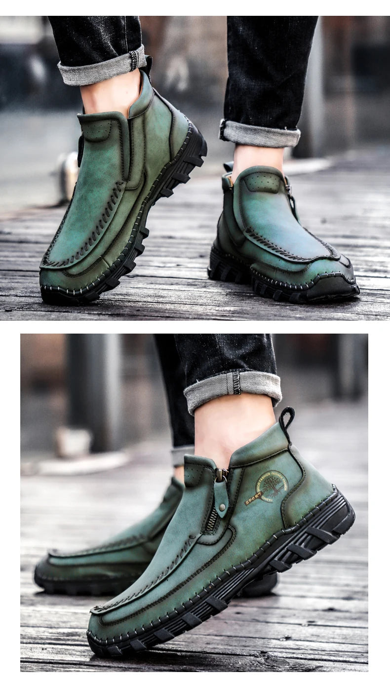 Men Boots Autumn Winter New Handmade High-top Casual Shoes Outdoor Non-slip Hiking Men Shoes Zipper Ankle Boots Plus Size 38-48
