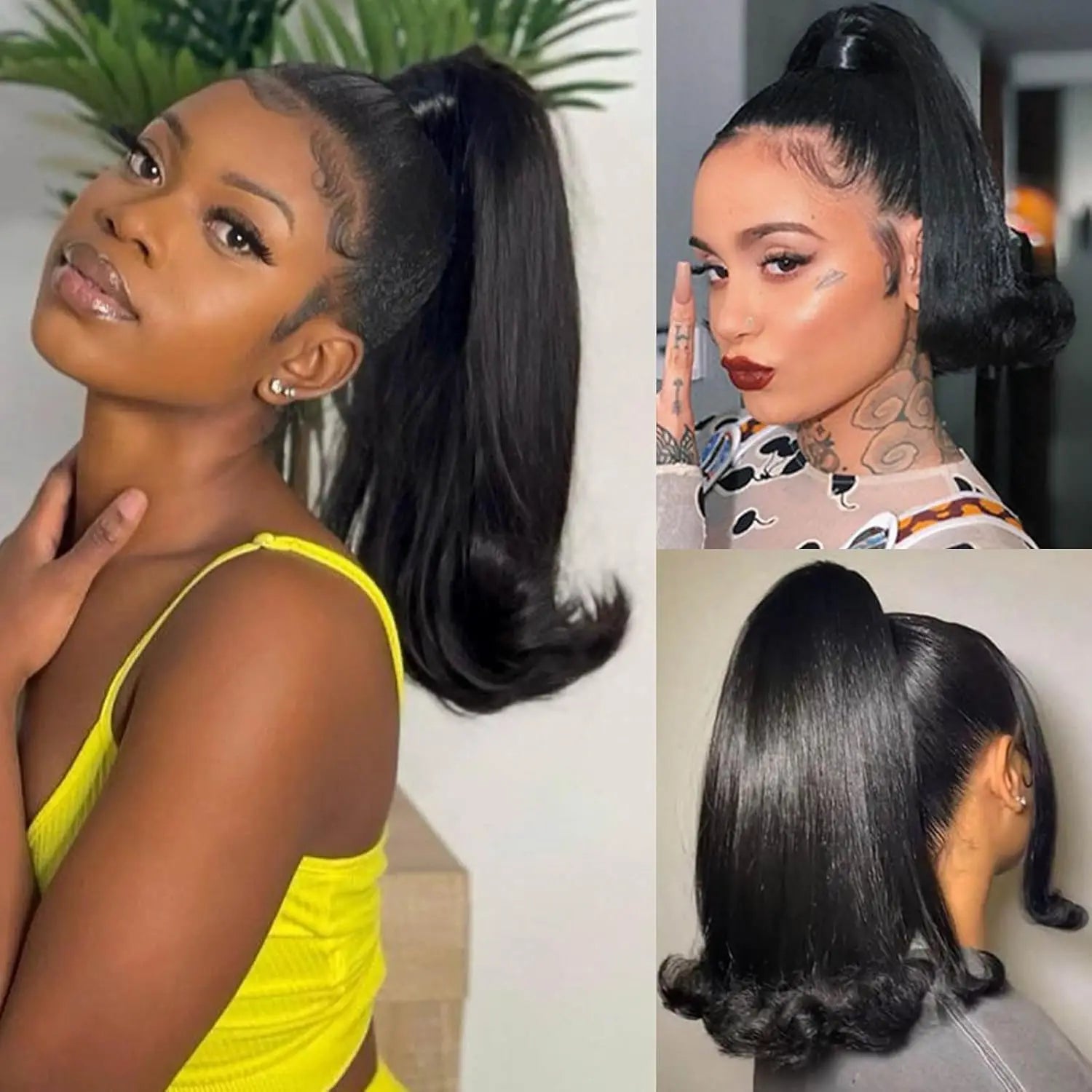 Synthetic Tail Warping 16"  Kinky Straight Hairpiece Drawstring Ponytail Hair Extension Natural Black Women Girl Daily Party Use