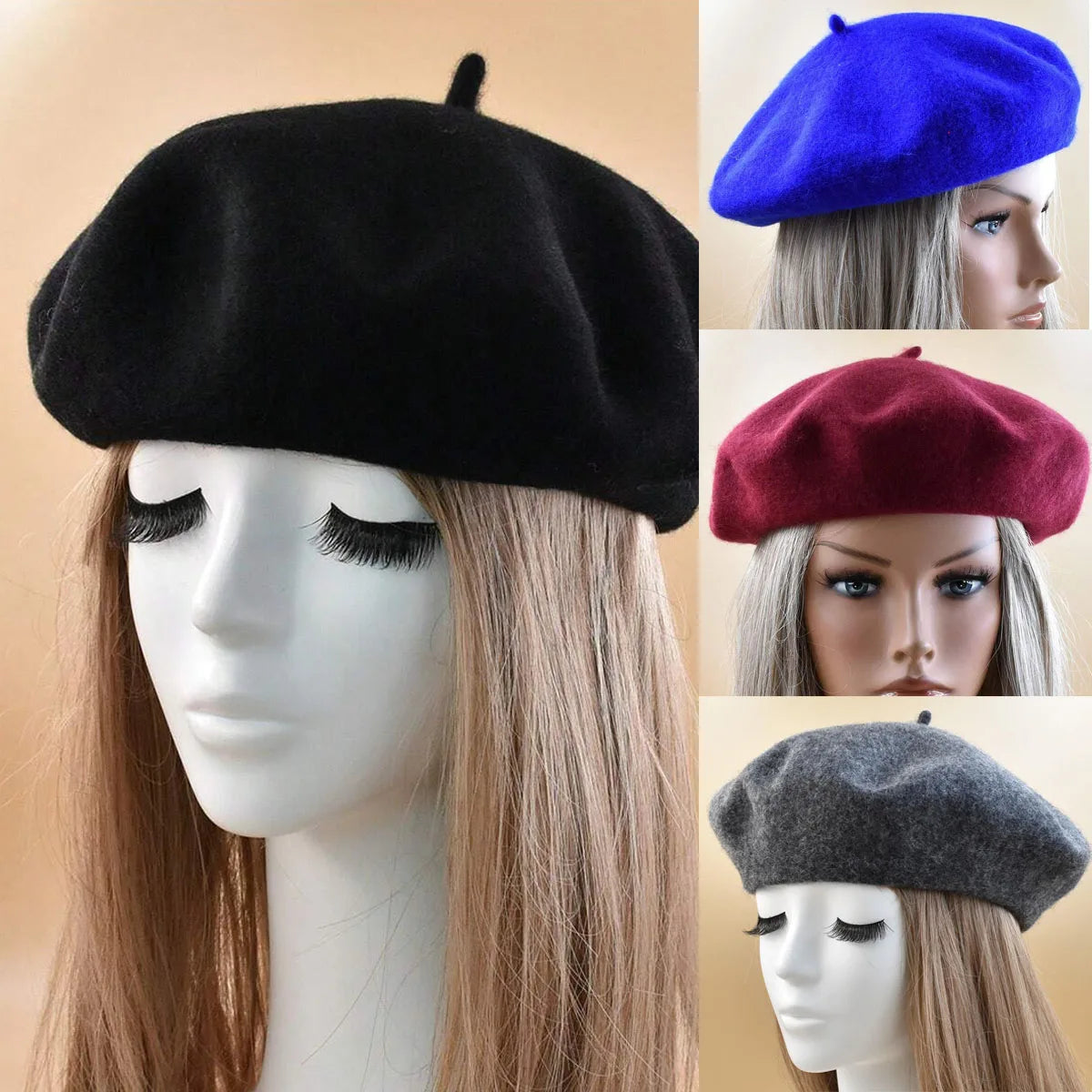 New Women black pink Berets Hat Fashion Solid Color Wool Knitted With Ladies Beanie Beret Hat Warm Autumn and winter Cap