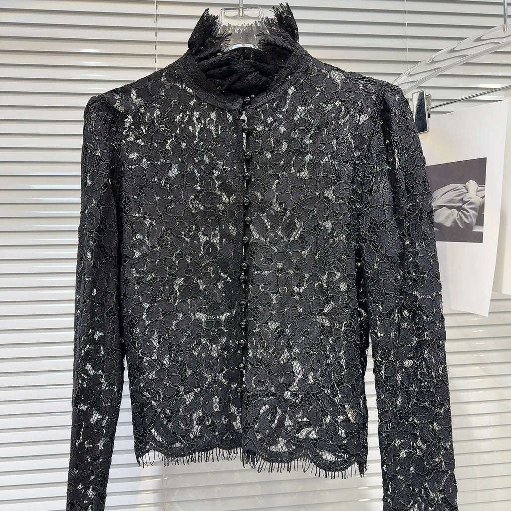 KTCZ Solid Spliced Lace Hollow Out Blouse For Women Long Sleeve Single Breasted Patchwork Print Minimalist Chic Blouse Female