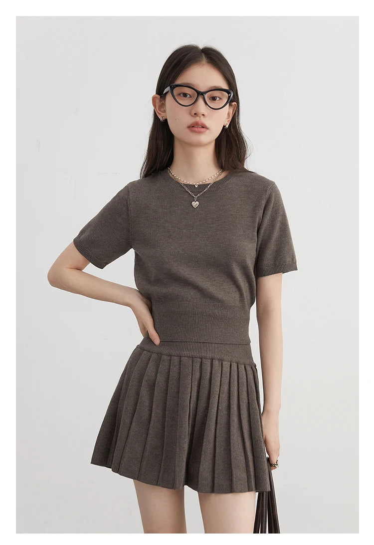 CHIC VEN Women Skirt Sets Solid Knitted Cardigan Short Sleeved Top Female Pleated Skirt Three Piece Optional Spring Autumn 2024