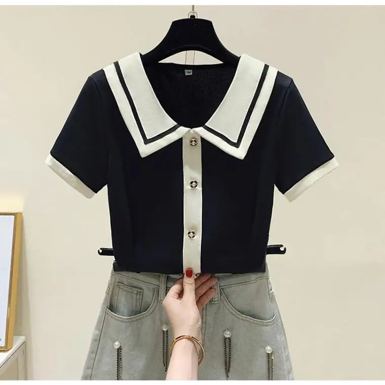 Summer Elegant Loose Polo-neck Knit Pullover Women Fashion Patchwork Button Short Sleeve T-shirt Office Lady Chic Tops 40-100Kg