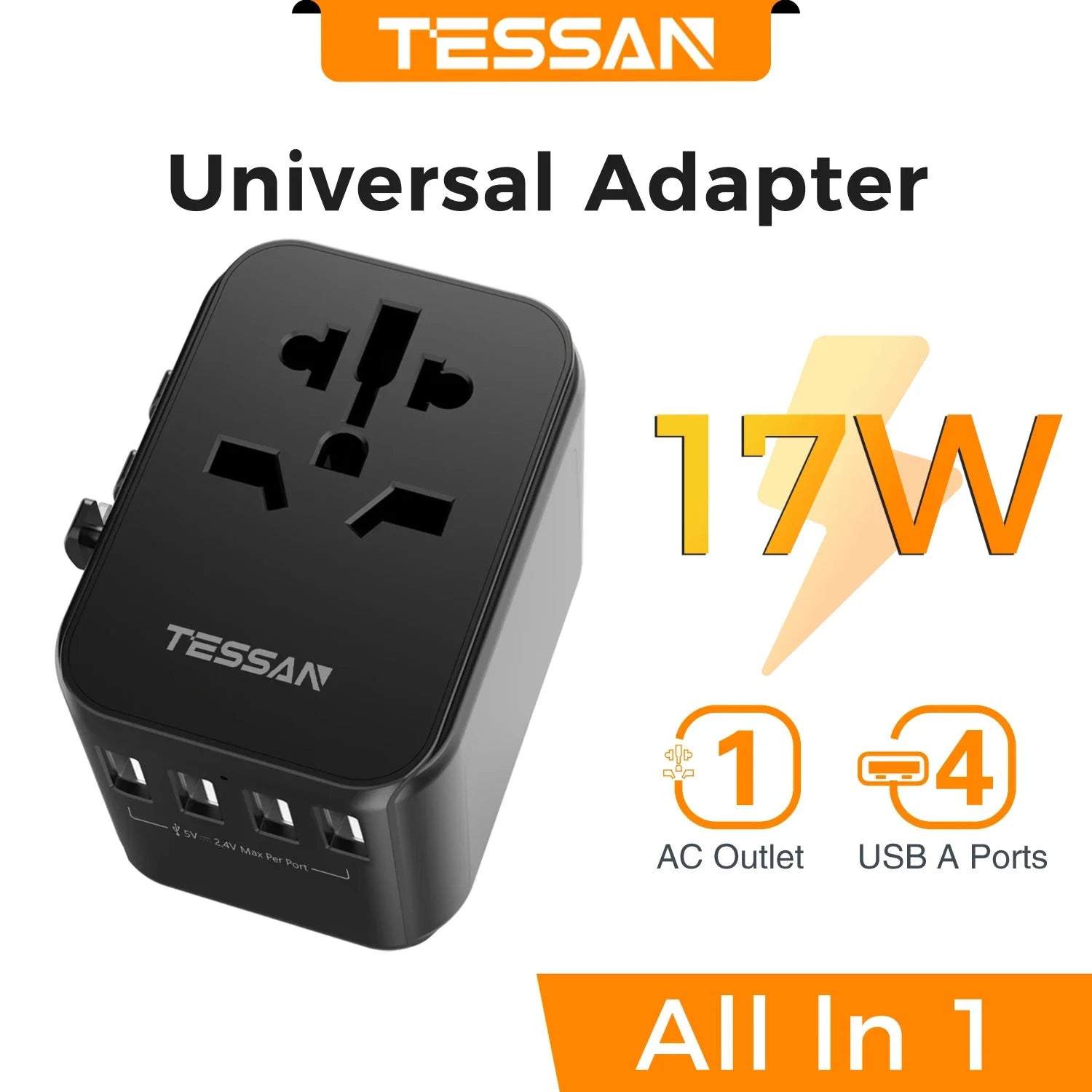TESSAN Universal Worldwide All in One Charger Travel Power Plug Adapter with USB Type C Charging Ports for USA EU UK AU