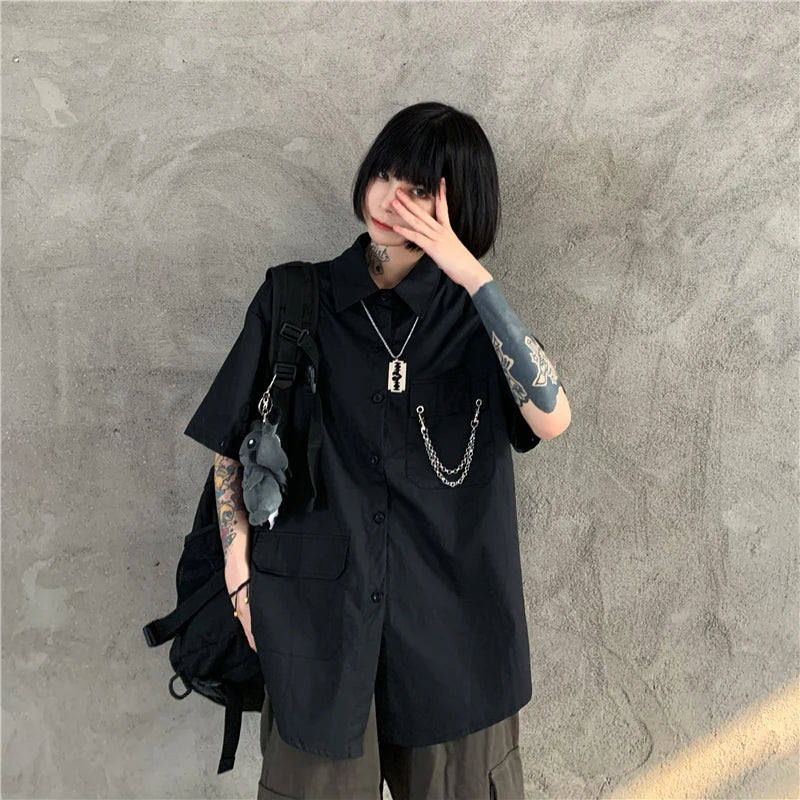 Women's Two-Way Wear Long Sve irt Loose Fit Street Sle Korean Version Retro BF Top  Collar Button up Polyester
