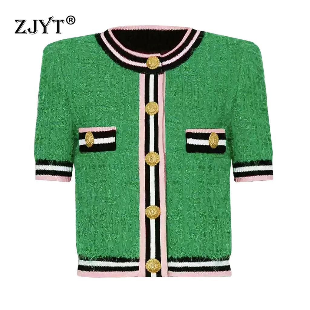 ZJYT Autumn Designer Single Breasted Cardigan Sweaters for Women Knitting Tops Short Sleeve Knitwears Jersey Mujer Blue 2024 New