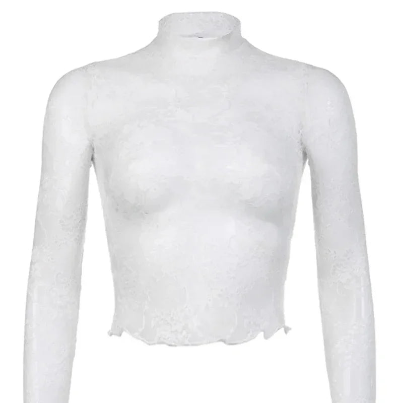 Sexy Long Sleeve Rose Lace Shirt Women's Slim Fit Shirt Translucent Summer New Arrival Summer Fashion Female Top