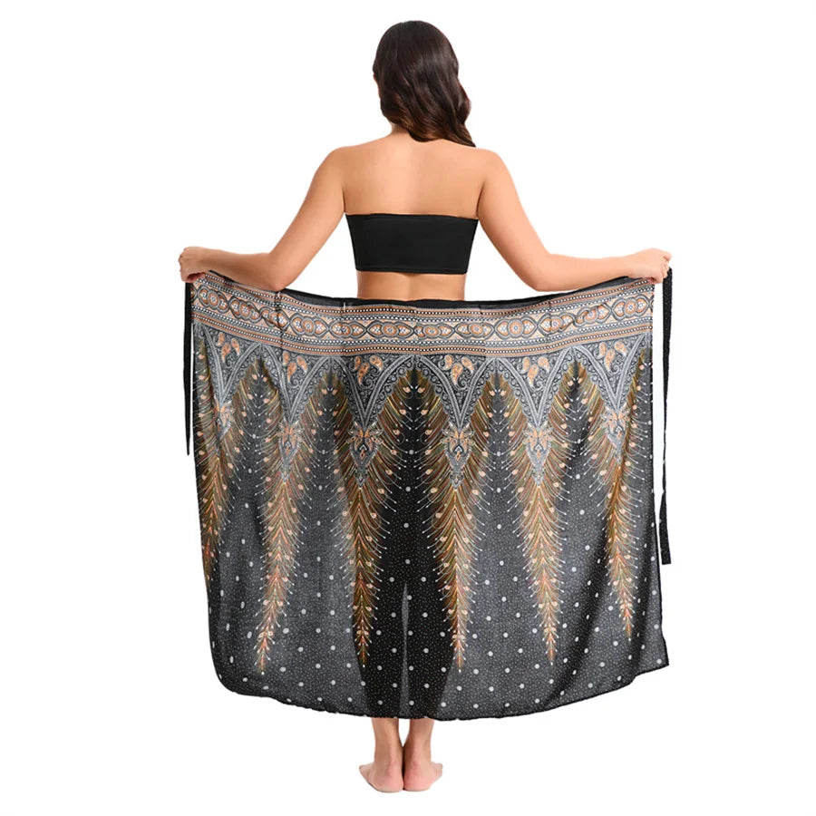 Women’s Boho Maxi Wrap Long Skirt Tie Up Beach Cover Up Dress Vintage Bohemian Adjustable High Waisted Holiday Rayon Dress