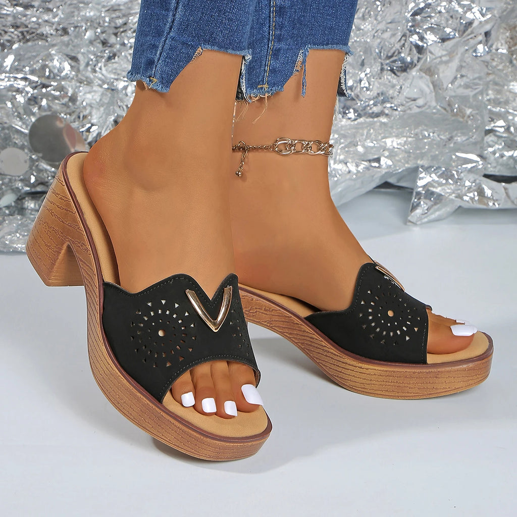 Retro Pu Leather High Heels Slippers for Women 2025 Summer Thick Bottom Platform Sandals Woman Lightweight Thick Heeled Shoes