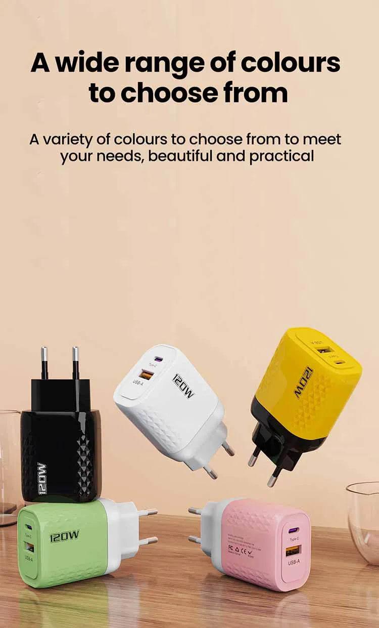 120W Charger USB C Fast Charger For iPhone Xiaomi Samsung Oneplus Phone Adapter 2 Ports QC3.0 Fast Charging PD Charger Adapter