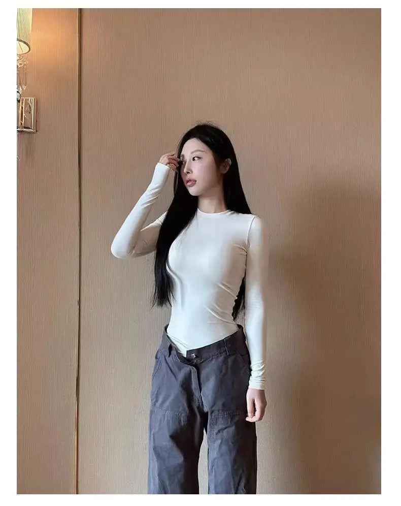 Slim Fit Inner Bottom Shirt for Women Spring and Autumn 2025 New Round Neck Sexy Yoga T-shirt Top
