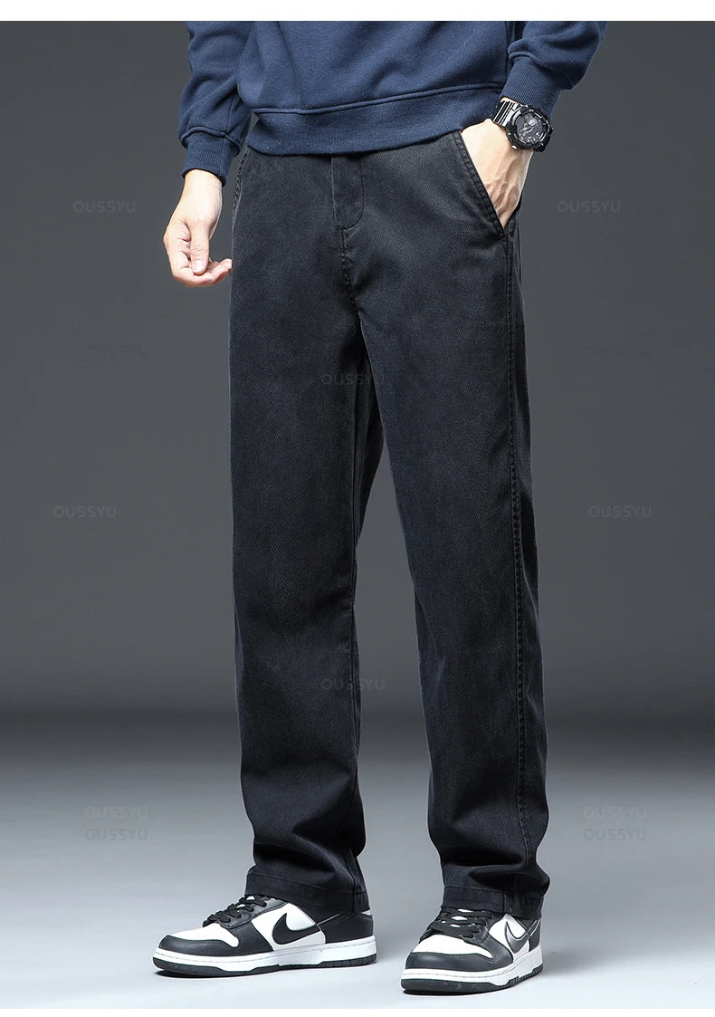 Spring Autumn New Upgraded Lyocell Fabric Jeans Men Loose Straight Elastic Waist Casual Denim Pants Trousers Male Large Size 5XL