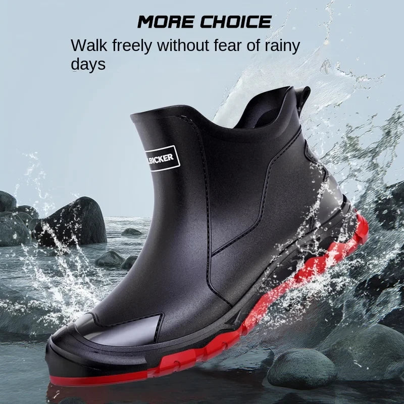 Fashion Contrast Color Black Red Sole Short Rain Boots Men's Outerwear Versatile Non-slip Wading Khaki Rubber Shoes Work Shoes