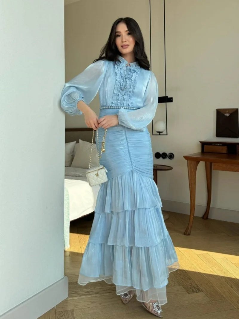 Elegant Lace Splice Mermaid Dress Autumn Clothes Women Lantern Sleeve Bodycon Maxi Long Dresses Evening Party Club Dress Vestido