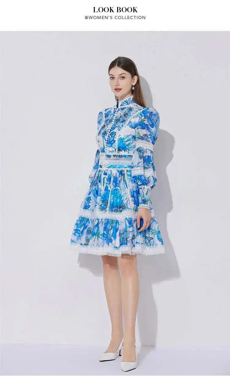 Elegant Long Sleeve Floral Short Dresses Shirt For Women Summer Autumn Holiday Hollow Out Printed Party Dress