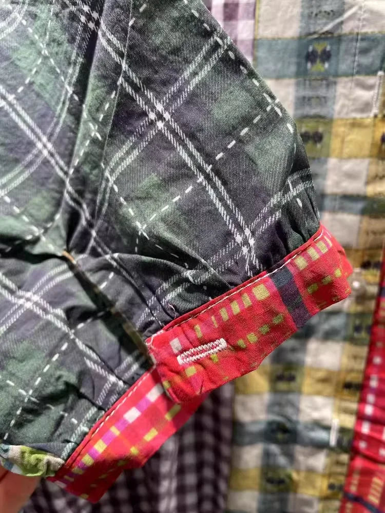 Women's plaid shirts casual 100% cotton long shirt dress for women Japan fashion short sleeve mid-length plaid patchwork shirt