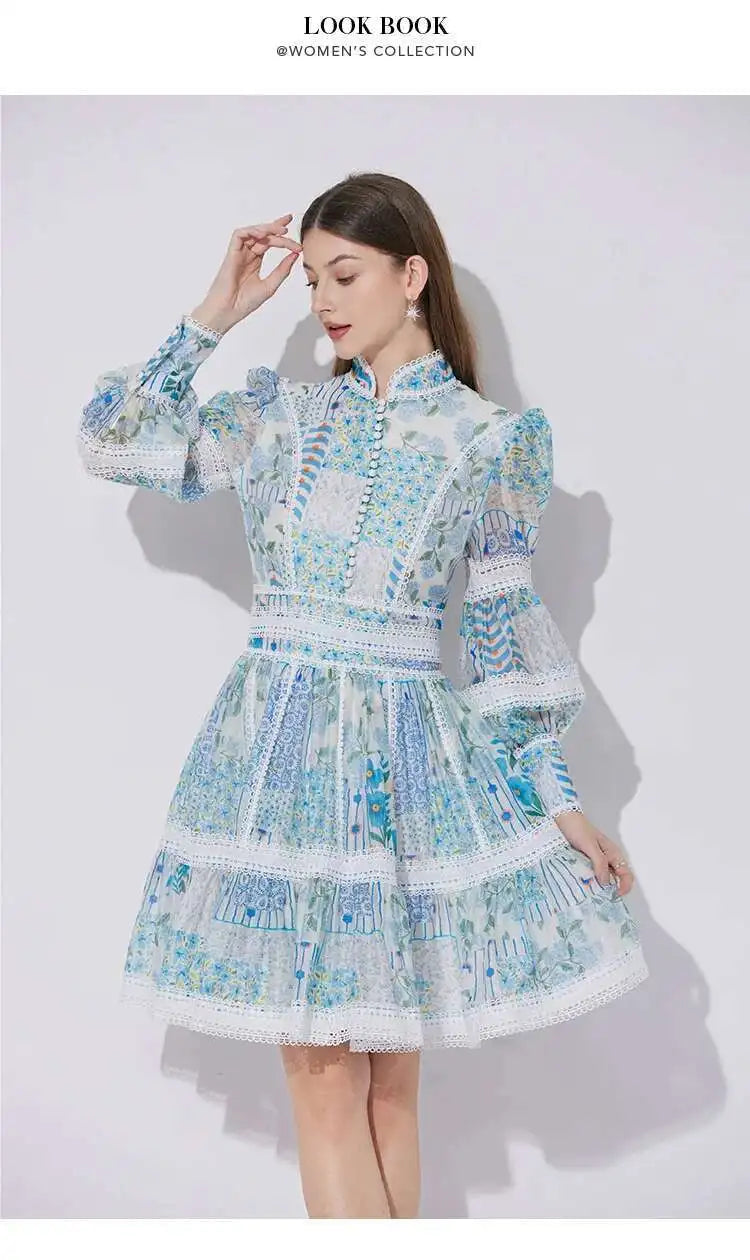 Elegant Long Sleeve Floral Short Dresses Shirt For Women Summer Autumn Holiday Hollow Out Printed Party Dress