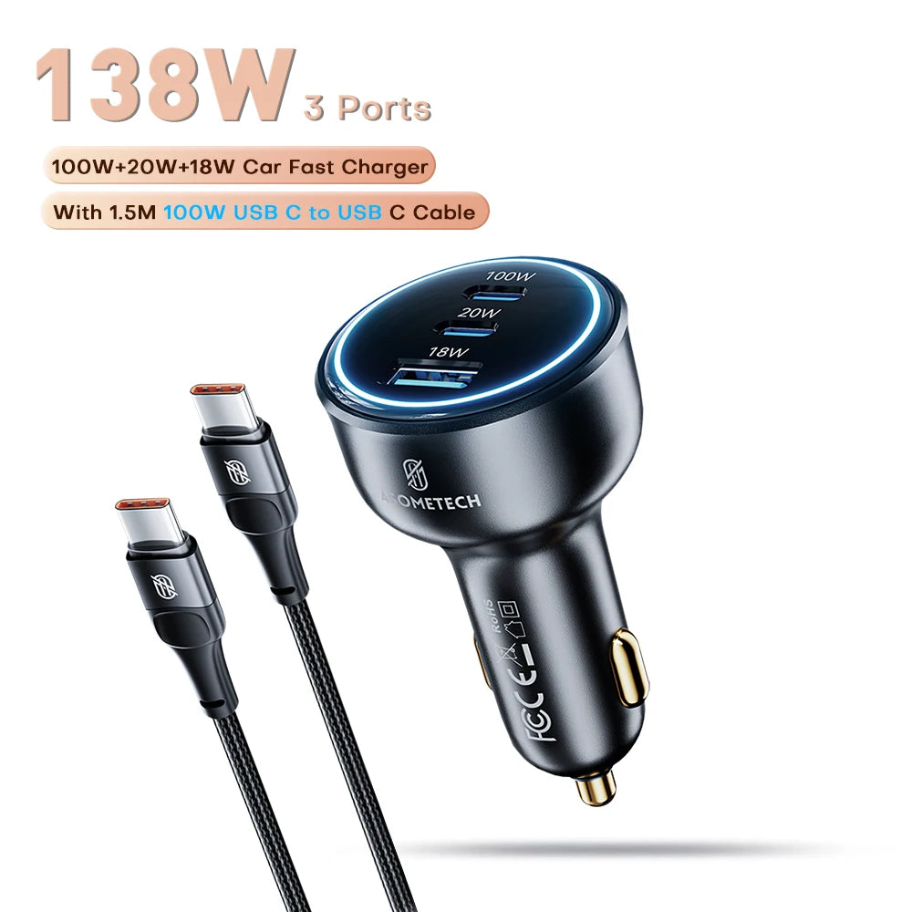 138W Car Charger USB Type C Dual Port USB Phone Fast Charger PD Fast Charging for IPhone 14 Samsung Xiaomi  IPad Laptops Tablets
