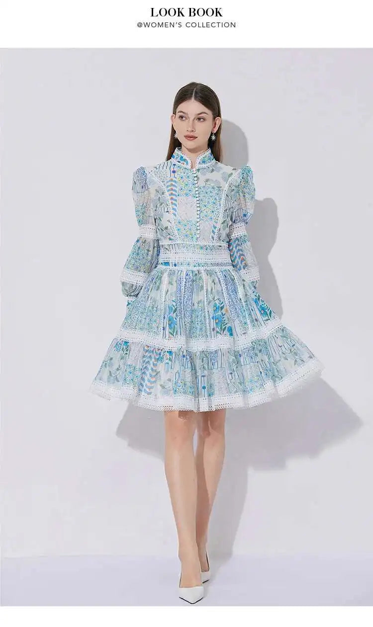 Elegant Long Sleeve Floral Short Dresses Shirt For Women Summer Autumn Holiday Hollow Out Printed Party Dress