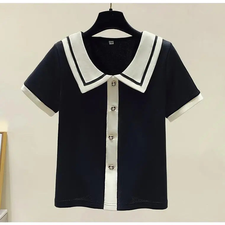 Summer Elegant Loose Polo-neck Knit Pullover Women Fashion Patchwork Button Short Sleeve T-shirt Office Lady Chic Tops 40-100Kg