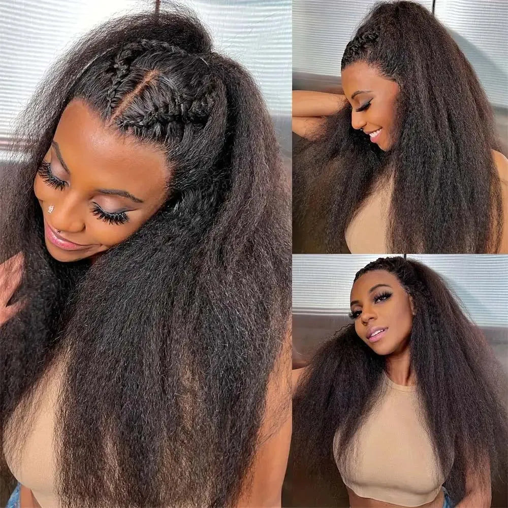 100% Human Hair Kinky Straight 13x6 HD Lace Frontal Human Hair Wig Indian Transparent Lace Front Wig For Women PrePlucked 200%