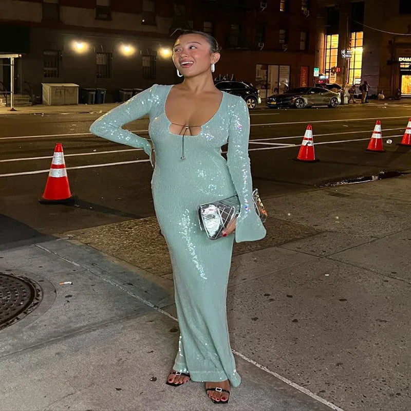 Luxury celebrity vacation photography nightclub evening gown sexy solid color sequin banquet long sleeved dress