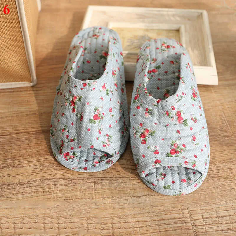 1 Pair Vintage Floral Home Slippers Spring Autumn Soft Cotton Toe Sole Slippers Women Flat Shoes Indoor Bedroom Slippers