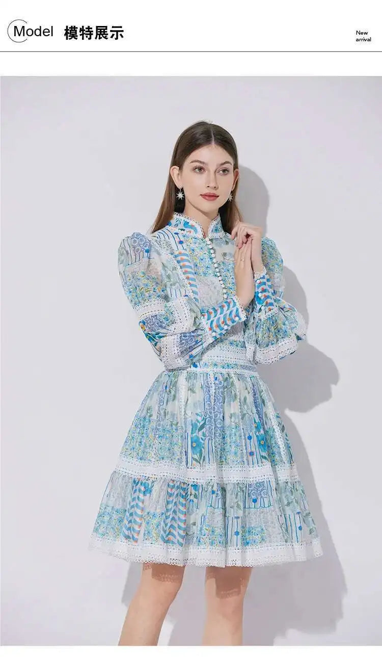 Elegant Long Sleeve Floral Short Dresses Shirt For Women Summer Autumn Holiday Hollow Out Printed Party Dress