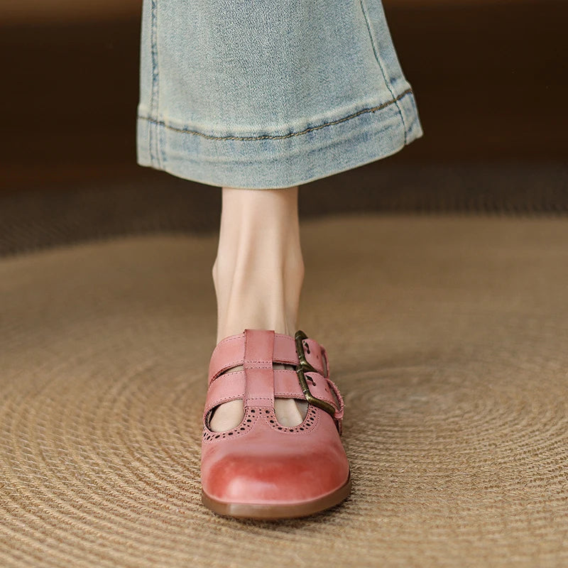 New Fashion Sandal Women Pumps Shoes Sexy Slingback Heels Retro Leather Party Casual Summer Round Toe Shoes Mueller Slippers