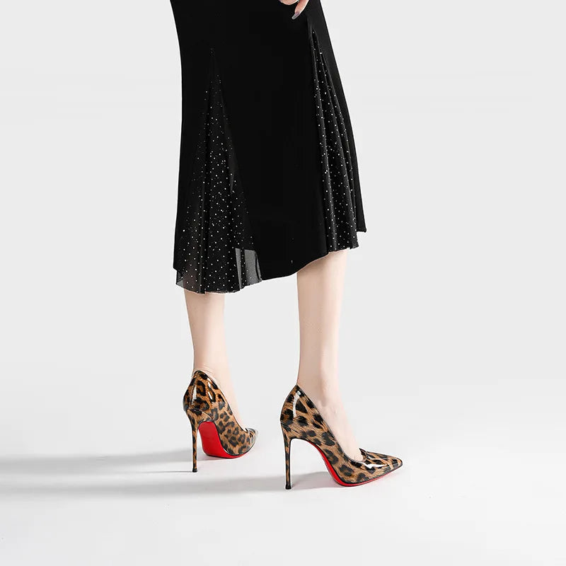 Spring New Leopard Pattern High Heels for Women with Thin Heels and Sexy Pointed Points, Shallow Lipstick Bottom Single Shoes