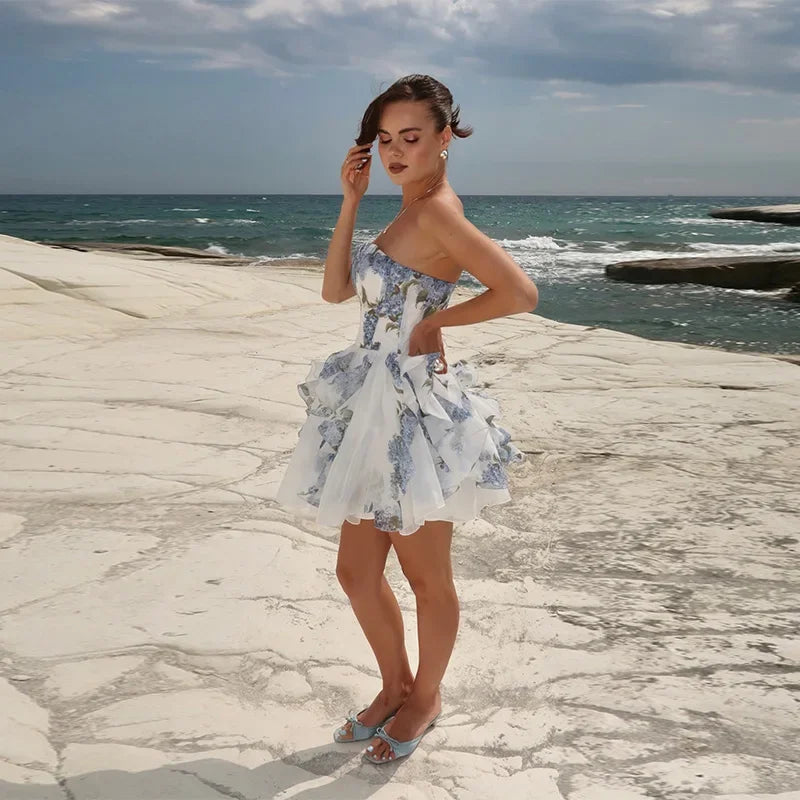 Chic Elegant Floral Printed Mini Dress Women Backless Sleeveless A Line Strapless Robes Pleated Hem Party Vestidos Lady Clorhing