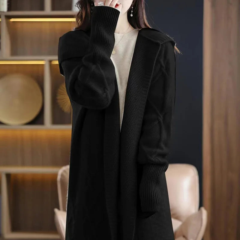 Autumn Winter 100% Merino Wool Women's Cardigan Long Sleeve Sweater Coat Loose Warm Cashmere Knitwear Fashion Female Long Coat