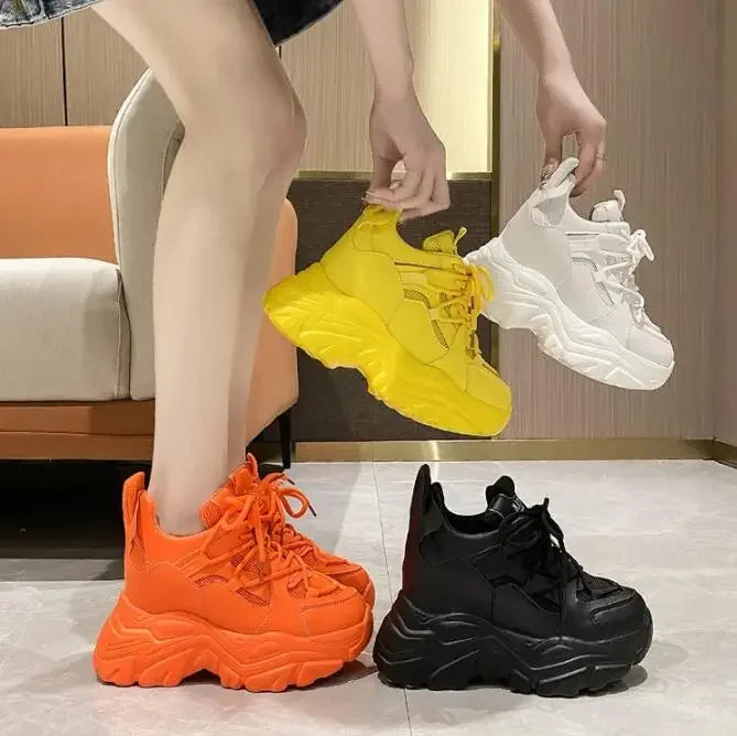 Autumn Orange Platform Sneakers Thick Sole Wedge Heels Women Casual Shoes Lace-up Slip On 2025 Ladies Height Increasing Shoes