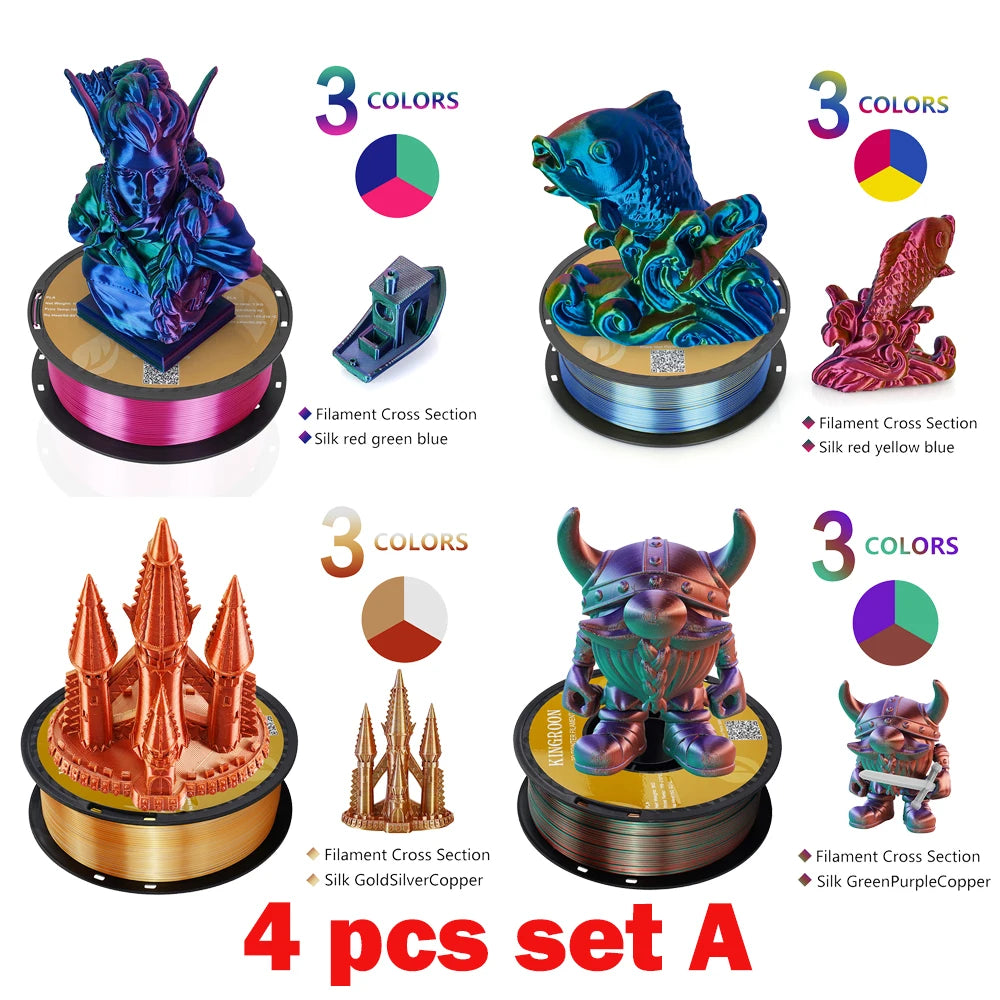 KINGROON Silk Tricolor PLA Filament 3D Printer 1.75mm 2.2 /8.8 lbs Silk PLA Filament Plastic Materials 3D Printing Special Color