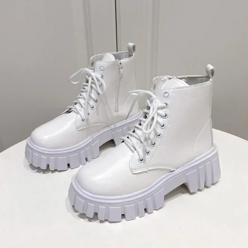 2024 White New Women Ankle Boots  Autumn Winter Platform Zipper Women Punk Boots Thick Sole Lace Up Combat Booties Female Mujer