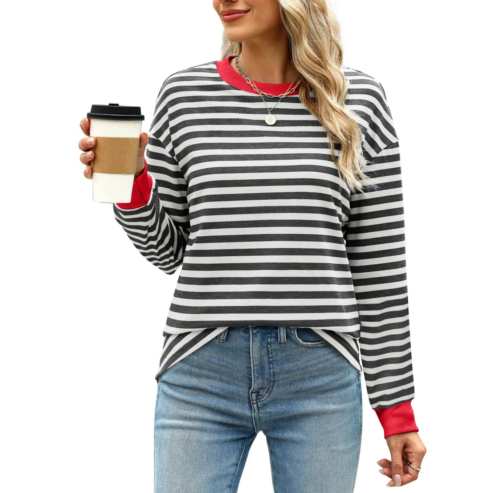 Women Casual Top Fashion Contrast Loose Round Neck Long Sleeve Stripe Printed Top Oversized Loose Pullover Autumn Clothes