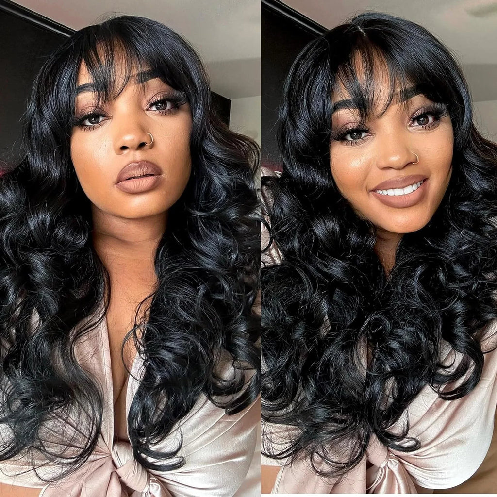 Body Wave Human Hair Wigs With Bangs Peruvian Cheap Glueless Wigs On Sale Clearance Full Machine Made Wig With Bangs For Woman