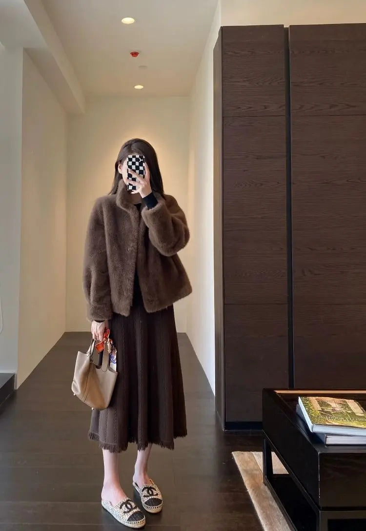 Spring Autumn Lady Short Leather Fur Outwear 2024 Women Fashion Stand Collar Mink Fur Top Female Long Sleeves Fox Jacket