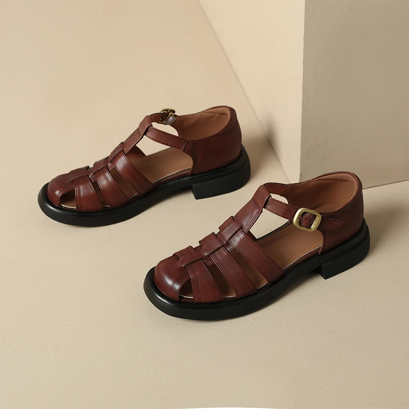 New Summer Sandals Genuine Leather Luxury Roman Sandals Casual Buckle Strap Summer Shoes GLADIATOR Thick Heel Women Shoes