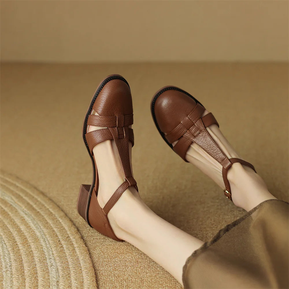 Women's genuine leather narrow band braided t-strap flats sandals round toe casual female summer roman style shoes for women hot