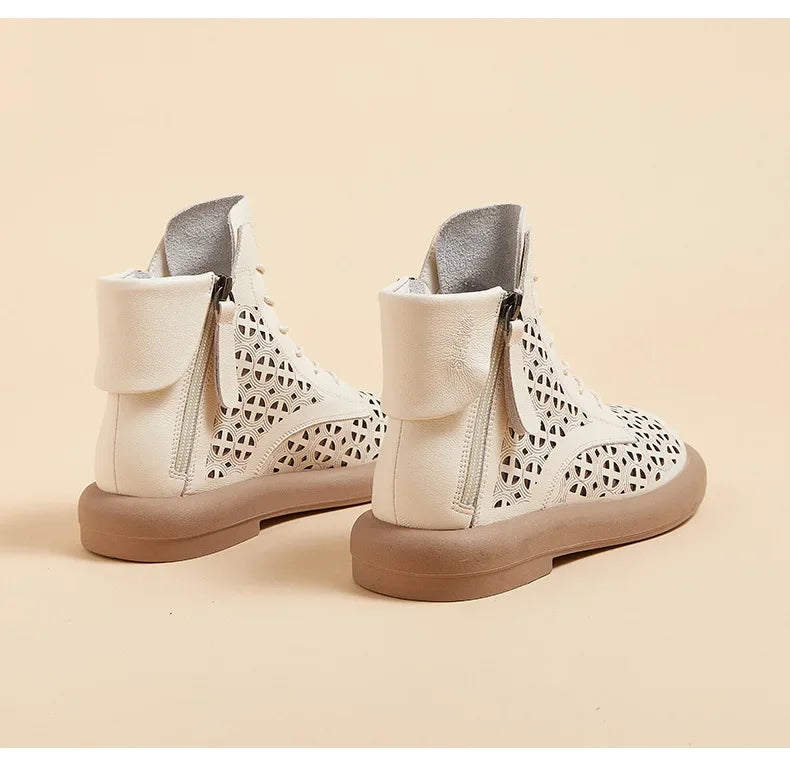 Leather Boots Woman 2025 Retro Leather Hollow Boots for Women Platform-soled Double-side Zipper Casual Short Boots Women's Shoes