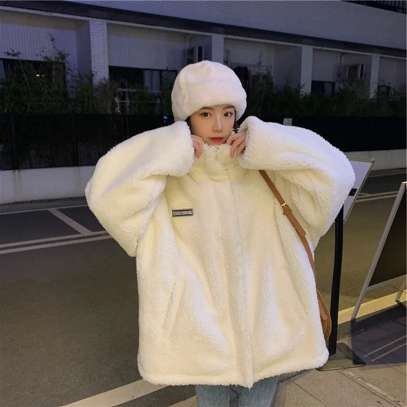 Women Winter Thicken Lamb Wool Coat Faux Fur Warm Stand Collar Outerwear Female Zipper Loose Jacket Full Sleeved Sweatshirts