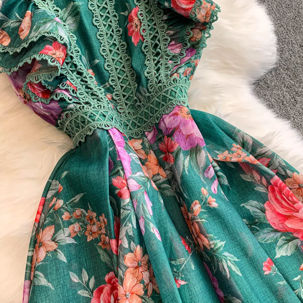 Ele Lace Splice Waist Cinching Long Dr Korean Sle Print Blouse Svel Midi Skirt High Waist A-Line Silhouette