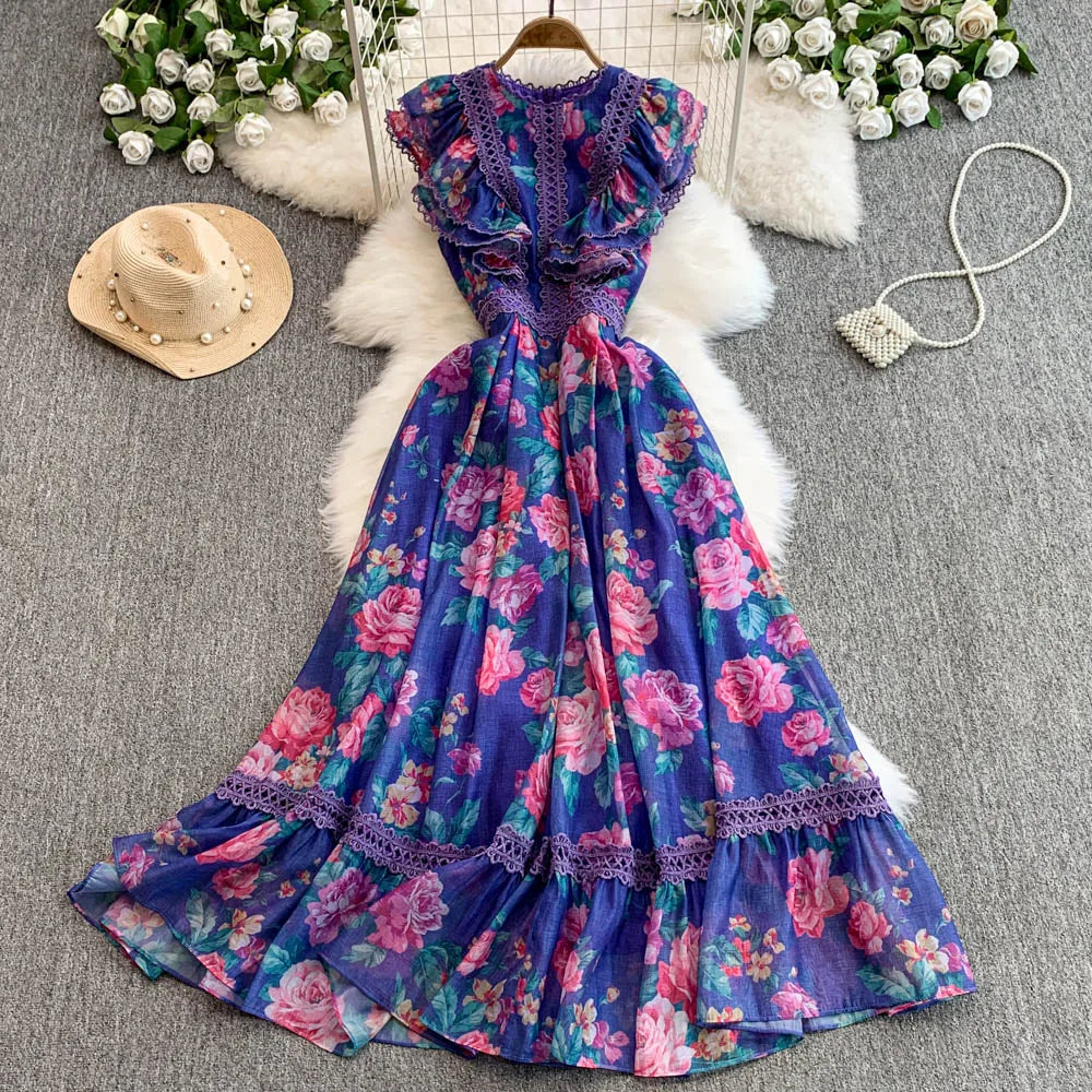 Ele Lace Splice Waist Cinching Long Dr Korean Sle Print Blouse Svel Midi Skirt High Waist A-Line Silhouette