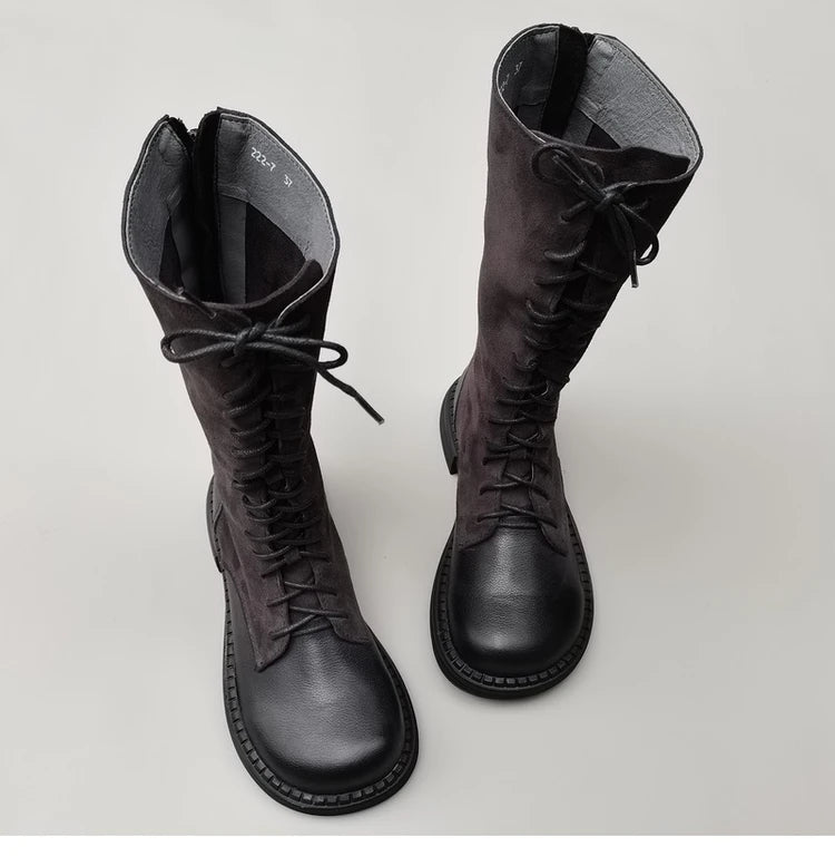 Autumn 2024 Shoes Long Noses Riding Boots Natural Leather Wide Toe Women's Boots Kne-High Cowhide Suede Single Lace-up booties