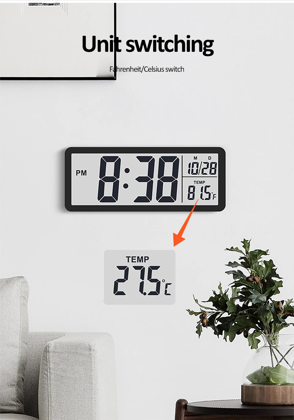 LCD Digital Wall Clock Time with Date Temperature Display Electronic Alarm Clock Modern Table Clock for Bedroom Home Decoration