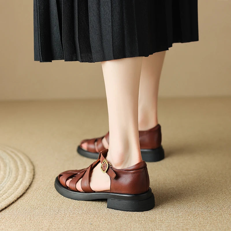 New Summer Sandals Genuine Leather Luxury Roman Sandals Casual Buckle Strap Summer Shoes GLADIATOR Thick Heel Women Shoes