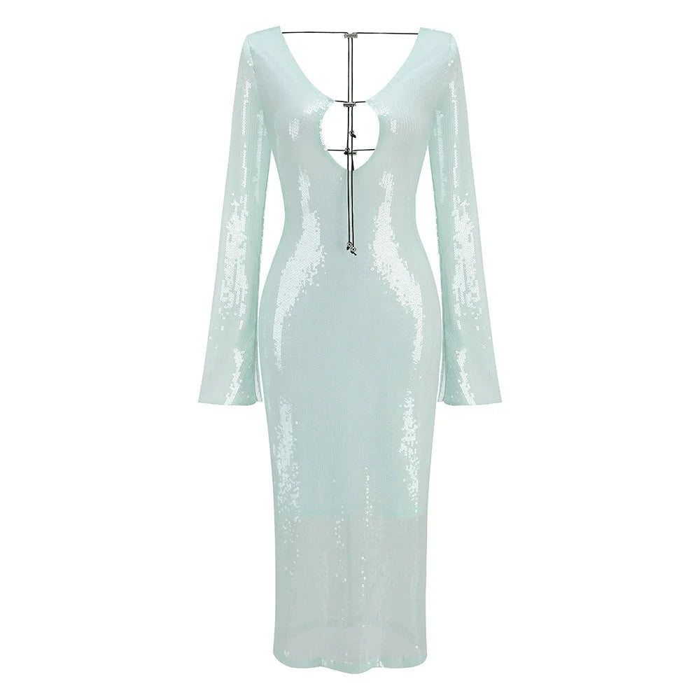 Luxury celebrity vacation photography nightclub evening gown sexy solid color sequin banquet long sleeved dress