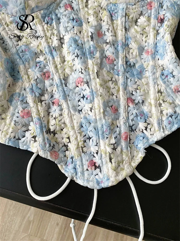 SINGREINY INS Strapless 3D Floral Camisole 2025 Summer Corset Slim Backless Tank Top Sheer Lace Up Holiday Sexy Embroidery Top